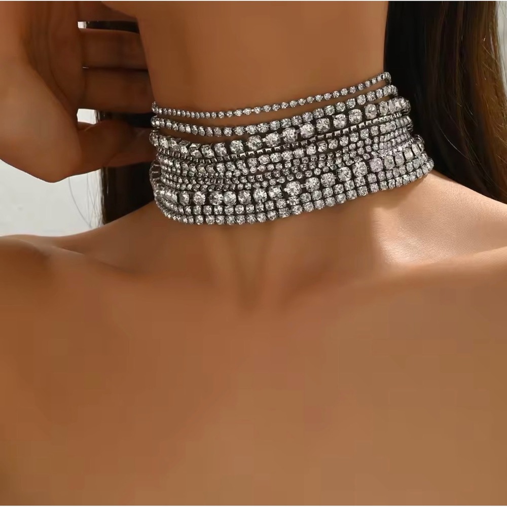 Multi Row Rhinestone Choker Necklace Silver Tone Wide Statement Bib Crystal NWT